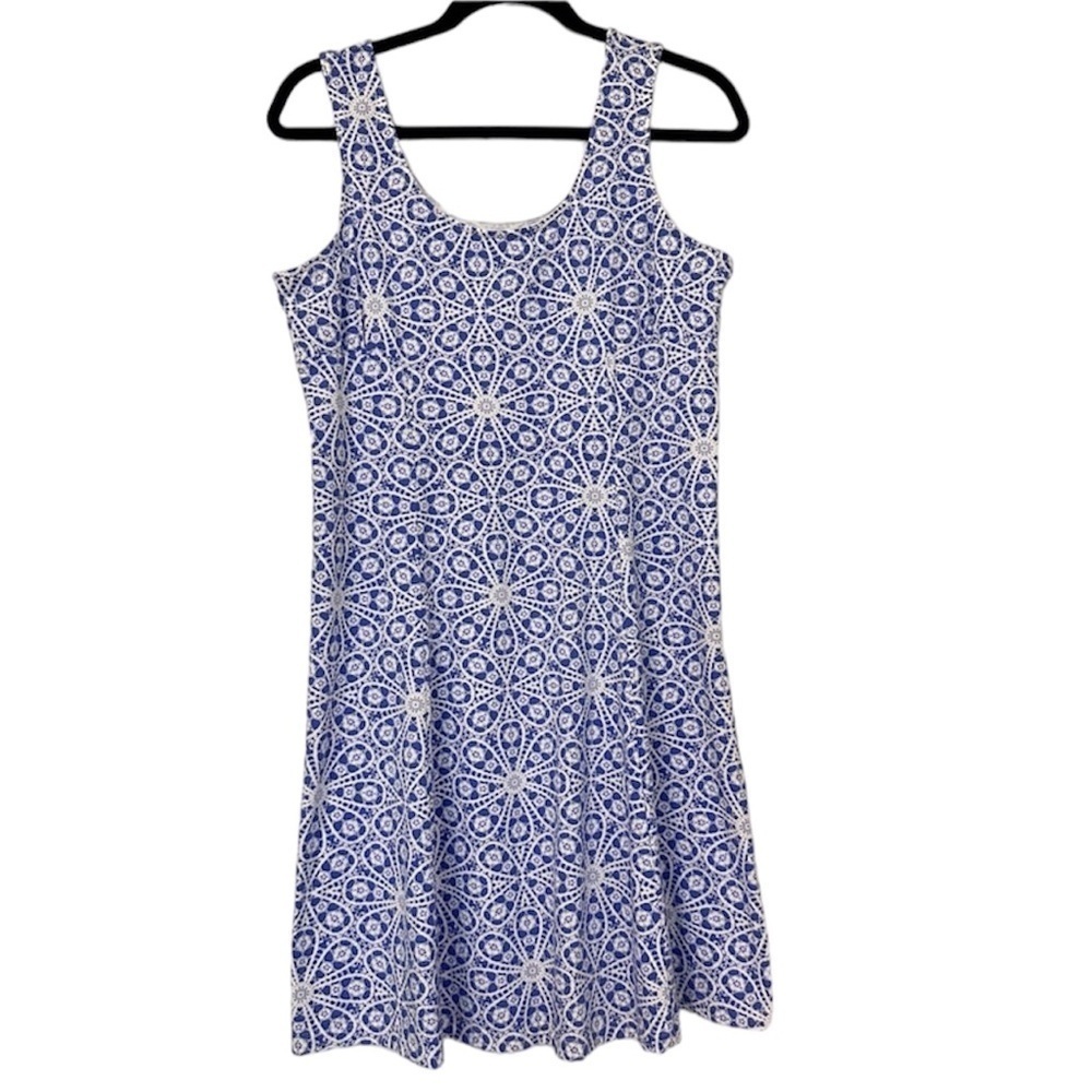 Mahi Gold Geo Floral Print Sleeveless Dress Womens Large Blue White